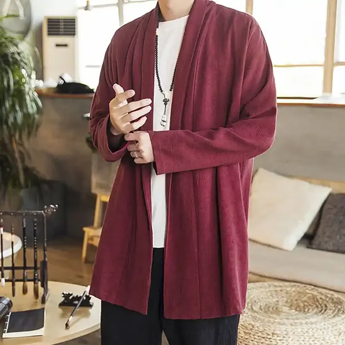 Buddha Stones Fall Simple Casual Cotton Linen Men‘s Mid-length Coat Clothing