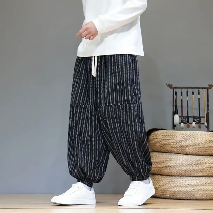 Buddha Stones Fall Striped Pattern Drawstring Men‘s Harem Corduroy Pants With Pockets