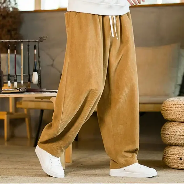 Buddha Stones Fall Winter Men‘s Drawstring Corduroy Harem Pants With Pockets