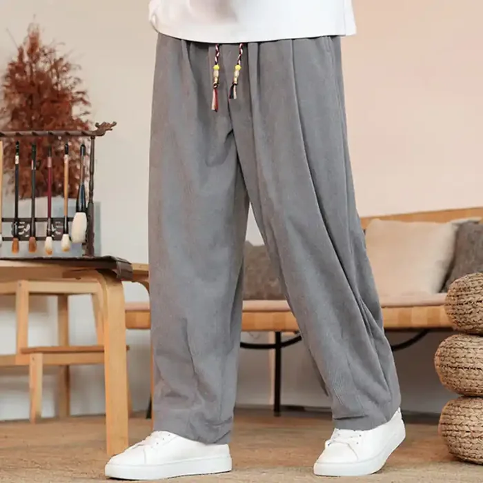 Buddha Stones Fall Winter Men‘s Drawstring Corduroy Solid Pants With Pockets