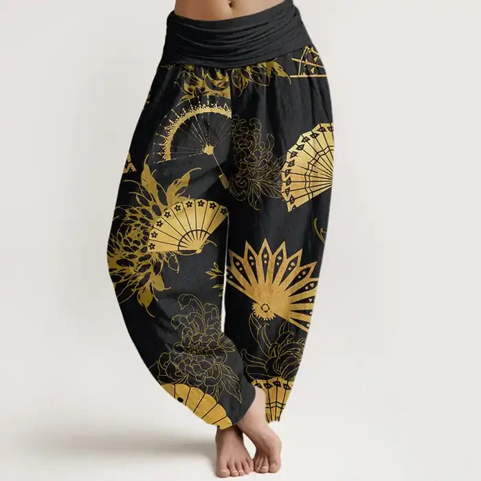 Buddha Stones Fan Flower Pattern Women‘s Elastic Waist Harem Pants