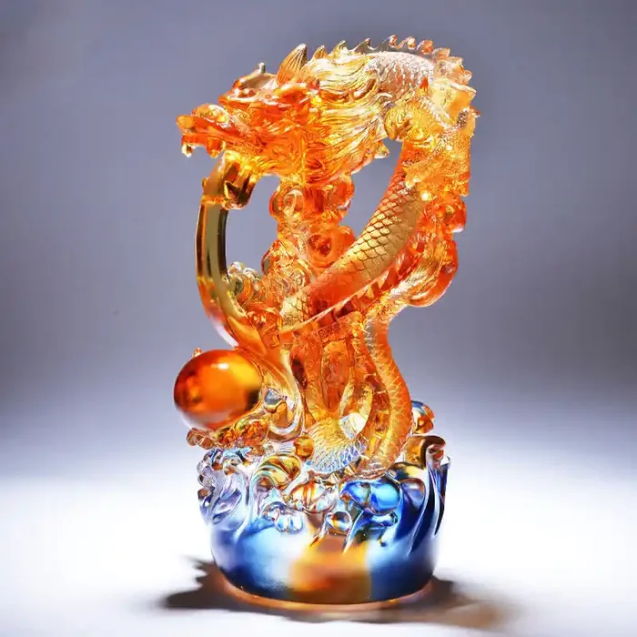 Buddha Stones Feng Shui Dragon Handmade Liuli Crystal Art Piece Success Home Office Decoration
