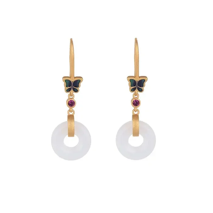 Buddha Stones FengShui White Jade Butterfly Fortune Earrings