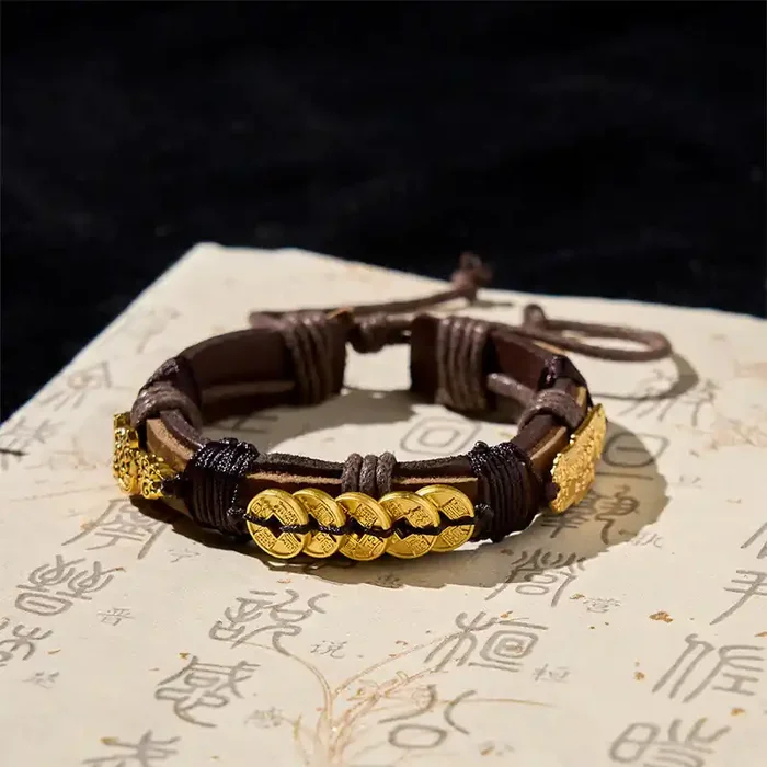 Buddha Stones Five-emperor Coins Pi Xiu Wealth Leather Rope Bracelet