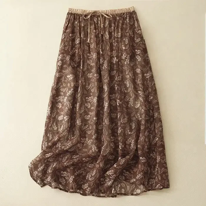 Buddha Stones Floral A-line Elastic Waist Cotton Linen Women‘s Skirt With Pockets