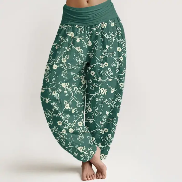 Buddha Stones Flower Branch Pattern Simple Design Women‘s Elastic Waist Harem Pants