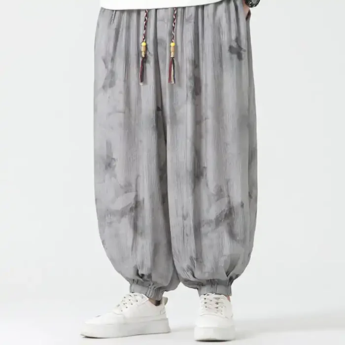 Buddha Stones Flower Sketch Braided Drawstring Linen Men‘s Pants With Pockets