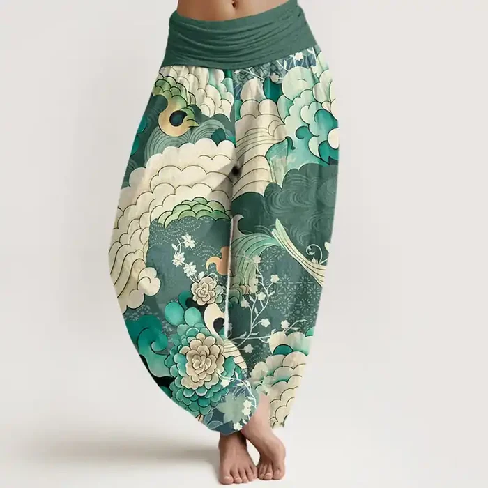 Buddha Stones Flower Wave Pattern Women‘s Elastic Waist Harem Pants