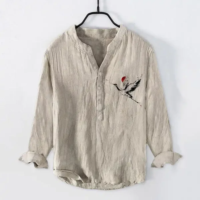 Buddha Stones Flying Crane Sun Pattern Half Buttons Men‘s Cotton Linen Long Sleeve Shirt