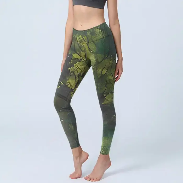 Buddha Stones ForestGreen Leaves Black Lines Print Exercise Leggings Women‘s Yoga Pants