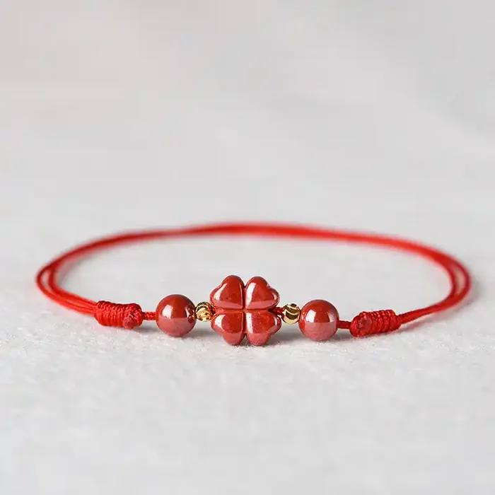 Buddha Stones Four Leaf Clover Cinnabar Blessing Calm String Bracelet Anklet