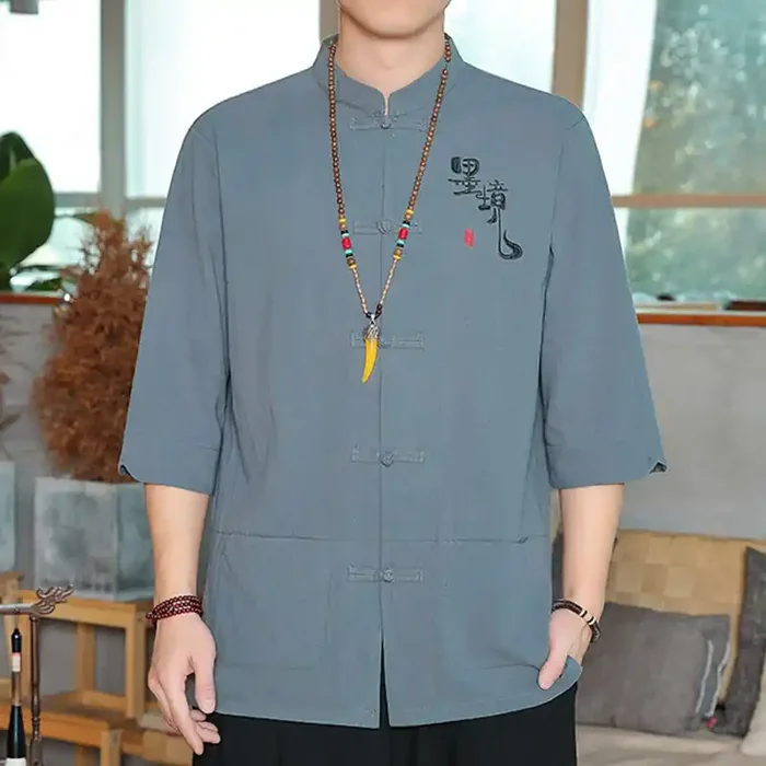 Buddha Stones Frog-Button Chinese Tang Suit Three Quarter Sleeve Cotton Linen Men‘s Shirt