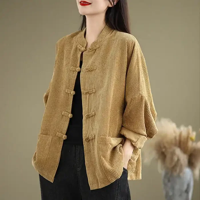 Buddha Stones Frog-button Stand Collar Women‘s Cotton Linen Corduroy Jacket