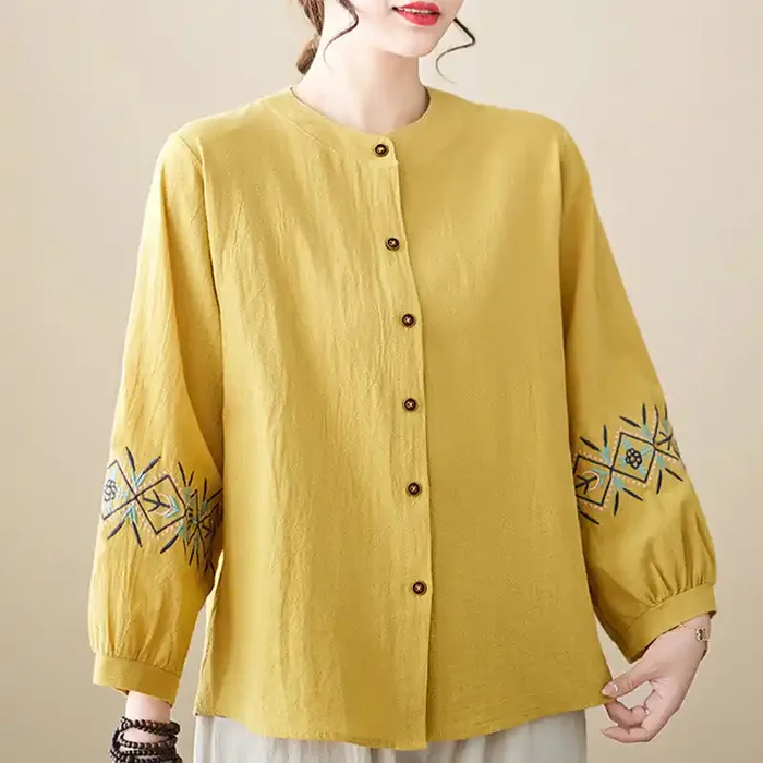 Buddha Stones Geometry Embroidery Long Sleeve Button Cotton Linen Women‘s Shirts