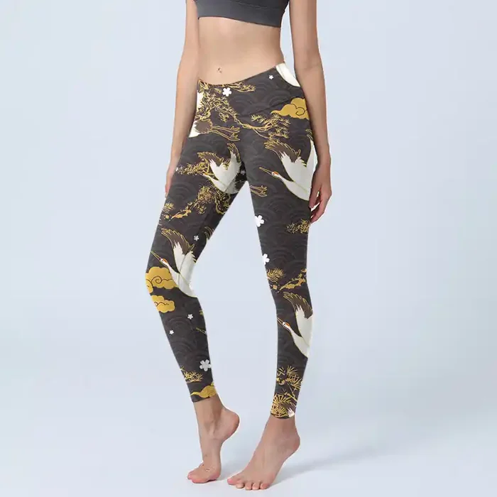 Buddha Stones Golden Auspicious Cloud Pine Branch Crane Wave Pattern Print Gym Leggings Women‘s Yoga Pants