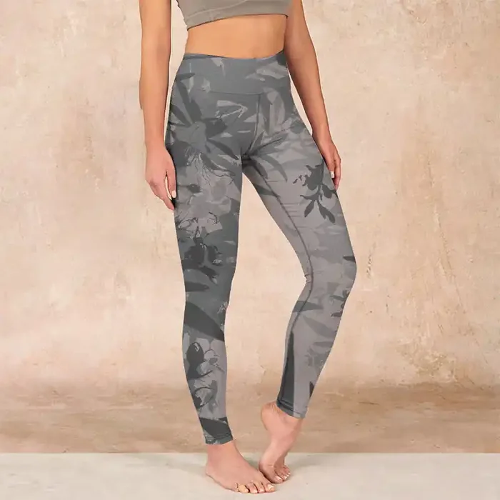 Buddha Stones Gray Leaves Print Gym Leggings Women‘s Yoga Pants