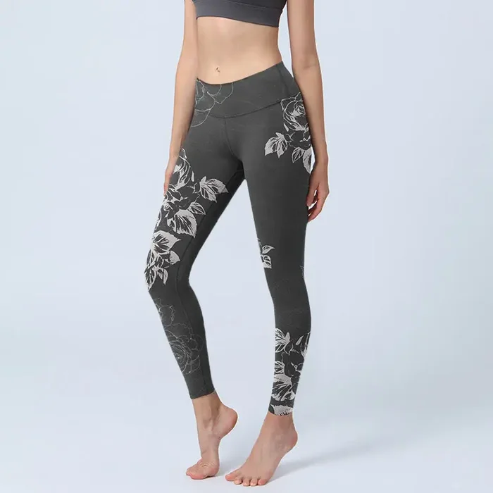 Buddha Stones Gray Peony Rose Flower Sketch Print Gym Fitness Leggings Women‘s Yoga Pants