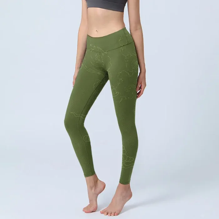 Buddha Stones Green Auspicious Cloud Waves Print Gym Leggings Women‘s Yoga Pants