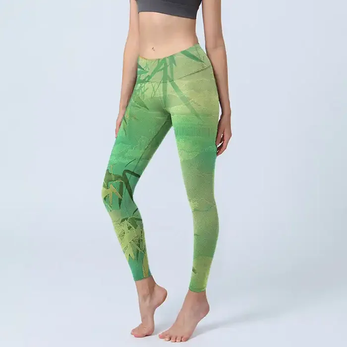 Buddha Stones Green Bamboo Pavilion Print Gym Leggings Women‘s Yoga Pants