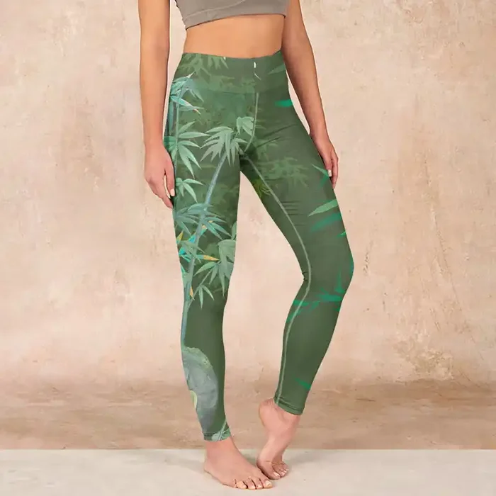 Buddha Stones Green Bamboo Rock Flower Print Gym Leggings Women‘s Yoga Pants