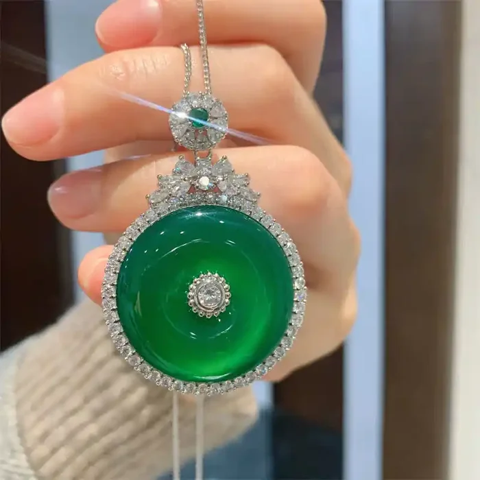 Buddha Stones Green Chalcedony Round Peace Buckle Strength Necklace Pendant