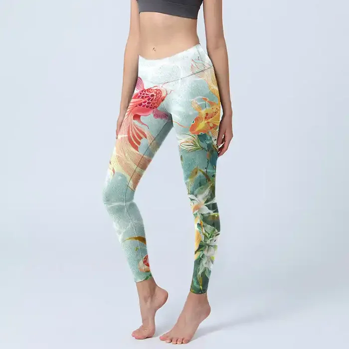 Buddha Stones Green Koi Fish White Lotus Water Ripples Print Gym Leggings Women‘s Yoga Pants