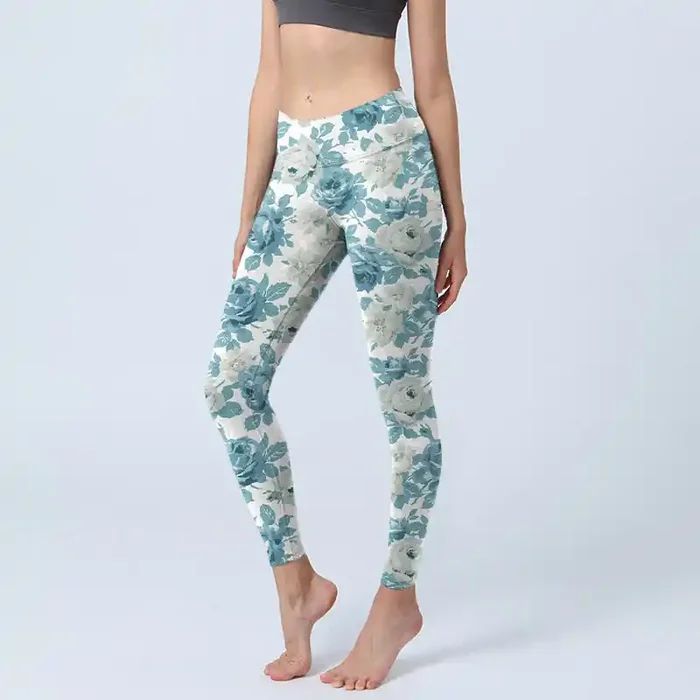 Buddha Stones Green White Flower Gym Leggings Women‘s Yoga Pants