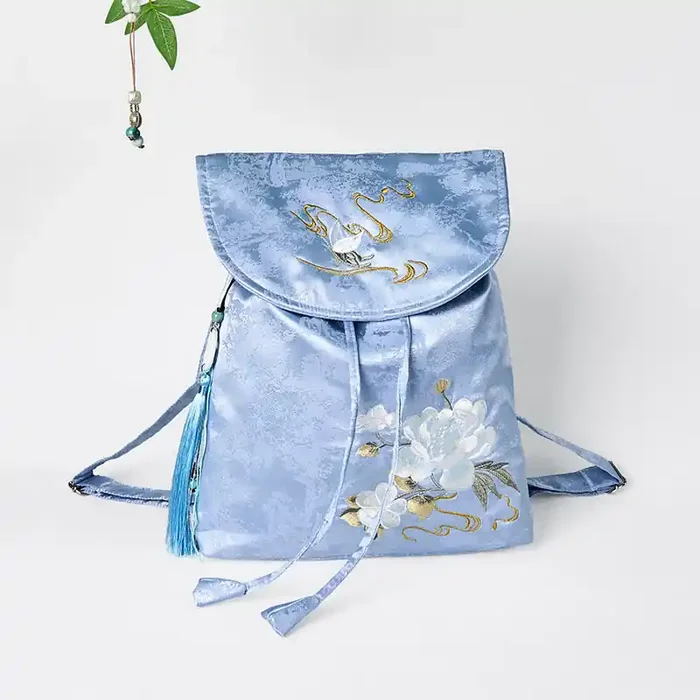 Buddha Stones Handmade Blue Camellia Embroidered Large Capacity Polyester Cotton Backpack