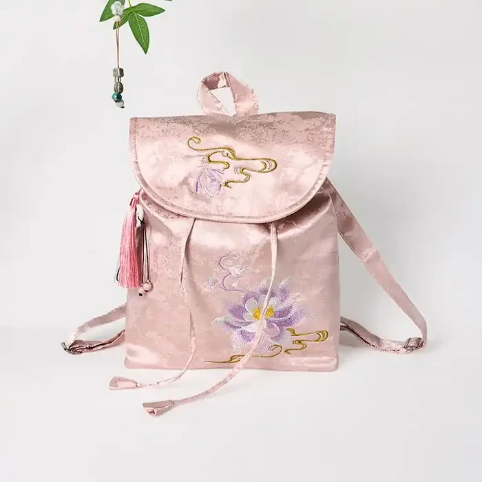 Buddha Stones Handmade Pink Lotus Embroidered Large Capacity Polyester Cotton Backpack
