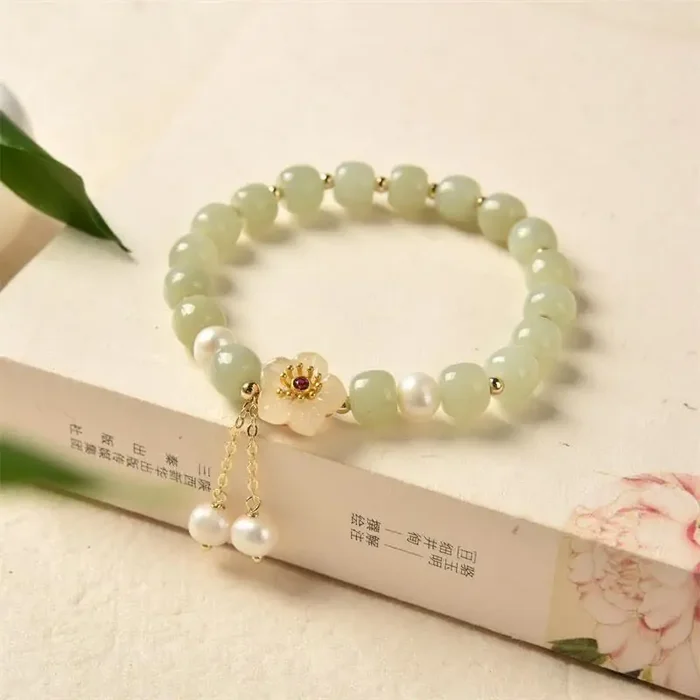 Buddha Stones Hetian Jade Flower Pearl Happiness Abundance Bracelet