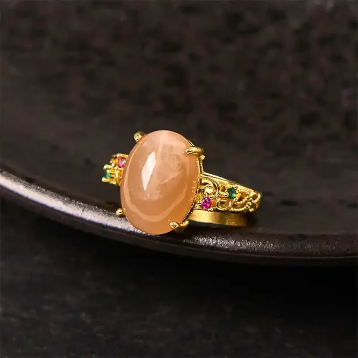 Buddha Stones Hollow Vine Design Peach Moonstone Adjustable Happiness Ring