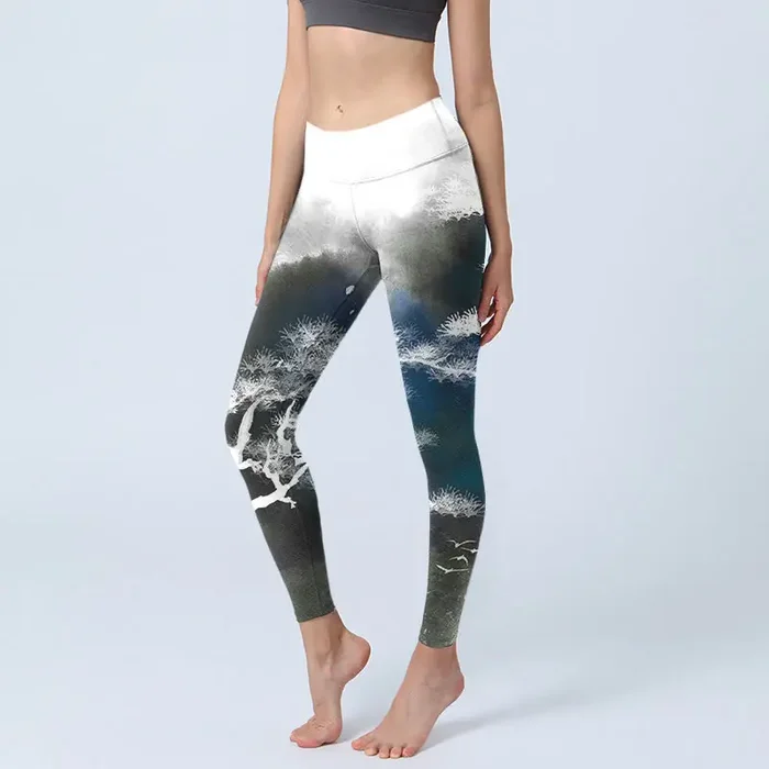 Buddha Stones Ink Painting Pine Tree Print Gym Leggings Women‘s Yoga Pants