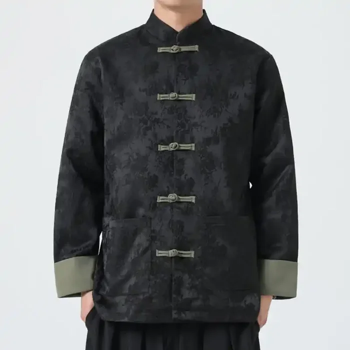 Buddha Stones Jacquard Frog-Button Long Sleeve Men‘s Cotton Jacket Tang Suit With Pockets