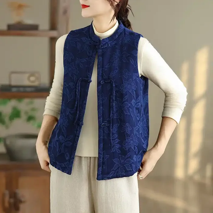 Buddha Stones Jacquard Pattern Frog-button Women‘s Sleeveless Cotton Vest Waistcoat With Pockets