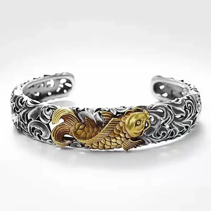 Buddha Stones Koi Fish Grass Pattern Prosperity Wealth Bracelet Bangle
