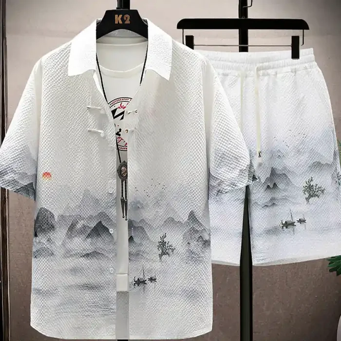 Buddha Stones Landscape Coconut Trees Magpie Pattern Short Sleeve Shorts Men‘s Set
