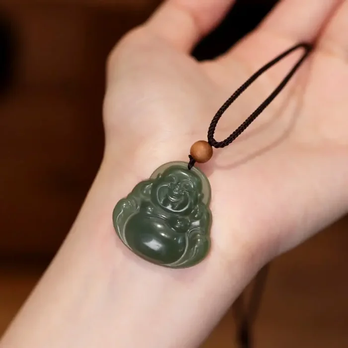 Buddha Stones Laughing Buddha Hetian Jade Healing Calm Necklace String Pendant