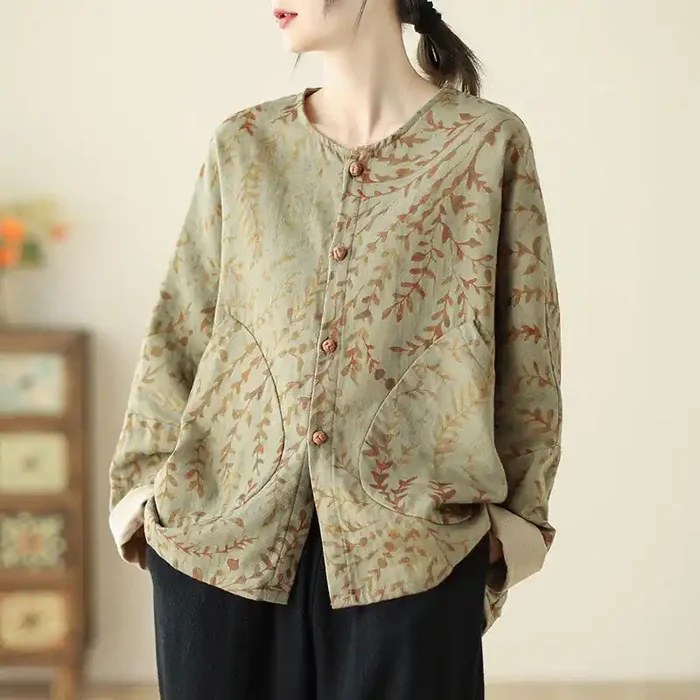 Buddha Stones Leaf Print Women‘s Cotton Linen Jacket With Pockets
