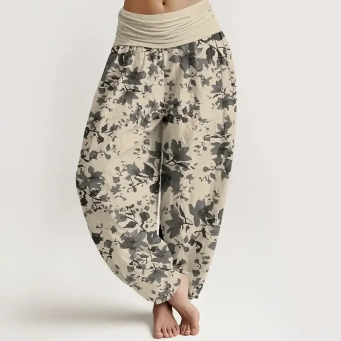 Buddha Stones Leaves Design Women‘s Elastic Waist Harem Pants