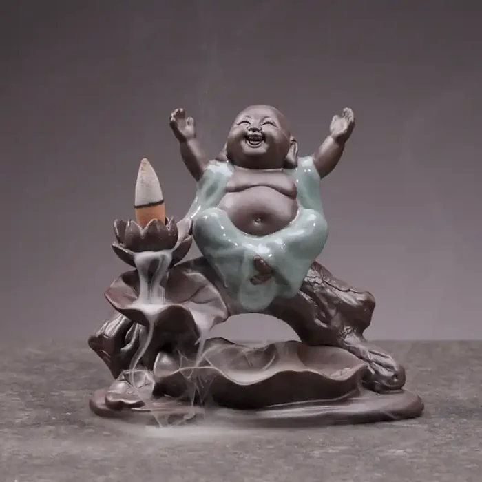 Buddha Stones Little Monk Ceramic Lotus Blessing Incense Burner Decoration
