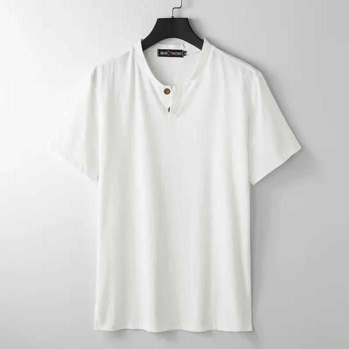 Buddha Stones Loose Men‘s T-shirt Solid Color Top Short Sleeve Button Notched Neck Soft Cotton Linen Shirt