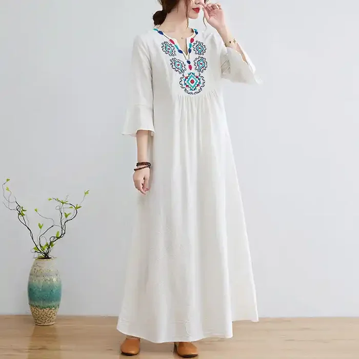Buddha Stones Loose Plain Ethnic Embroidery Floral Pattern Three Quarter Sleeve Cotton Linen Maxi Dress