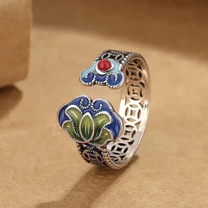 Buddha Stones Lotus Flower Copper Coins Ruyi Handle Pattern Enlightenment Adjustable Ring