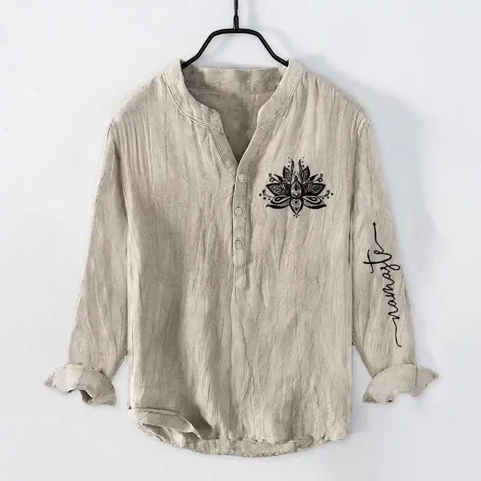 Buddha Stones Lotus Pattern Half Buttons Men‘s Cotton Linen Long Sleeve Shirt