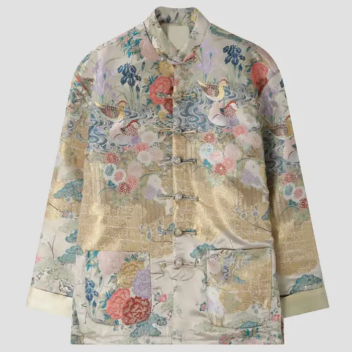 Buddha Stones Mandarin Duck Peony Flower Frog-Button Long Sleeve Men‘s Jacket With Pockets