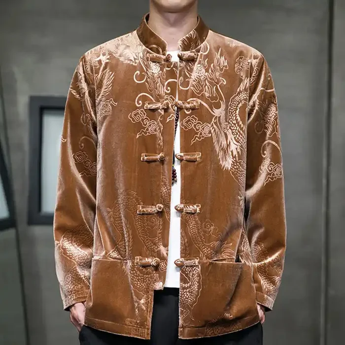 Buddha Stones Men‘s Frog-button Tang Suit Dragon Pattern Lisvelte Cotton Jacket Shirt With Pockets