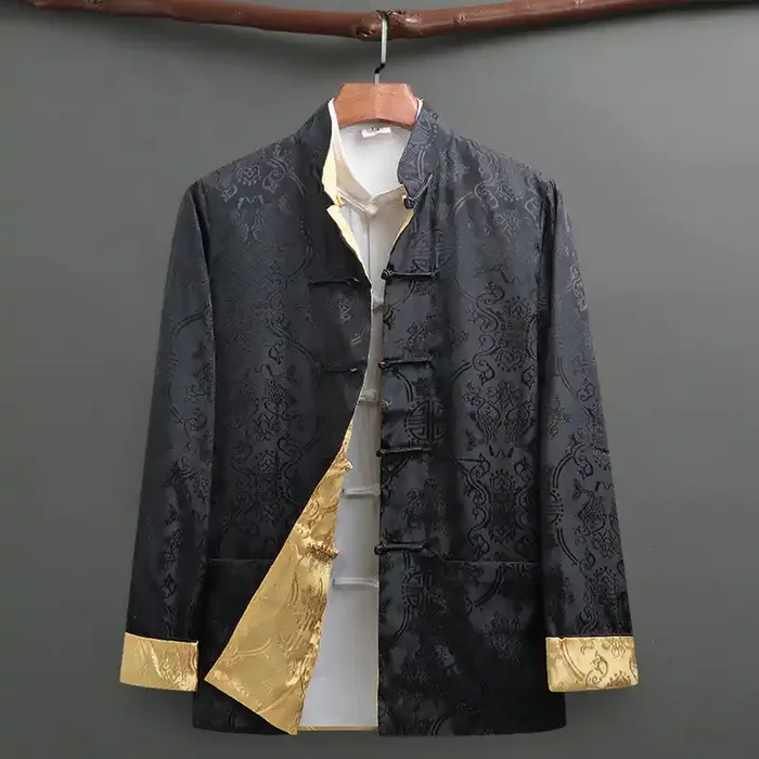 Buddha Stones Men‘s Frog-Button Tang Suit Koi Fish Pattern Long Sleeve Jacket Shirt With Pockets