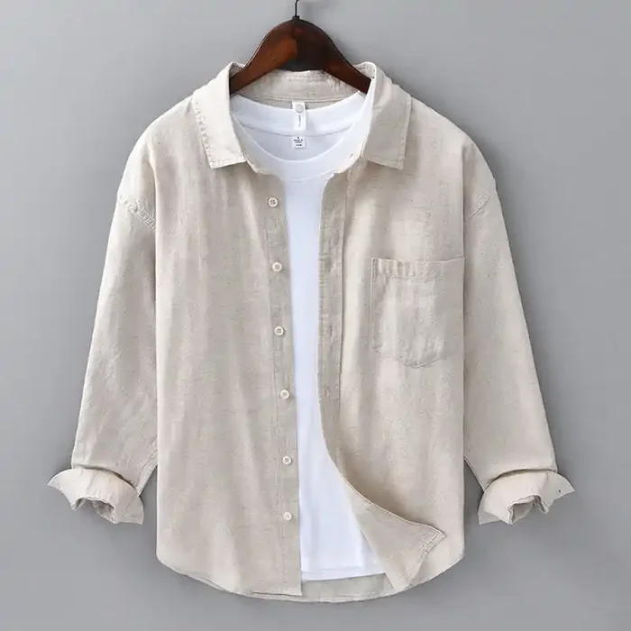 Buddha Stones Men‘s Long Sleeve Turn-down Collar With Pocket Pure Color Comfortable Cotton Shirt