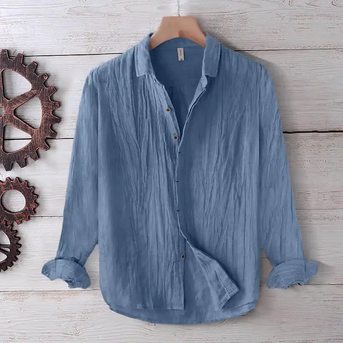 Buddha Stones Men‘s Shirt Solid Color Lapel Top Long Sleeve Comfy Button Crease Cotton Linen Shirt