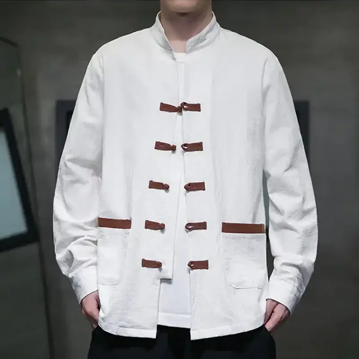 Buddha Stones Men‘s Stand Collar Frog-button Cotton Linen Long Sleeve Shirt With Pockets
